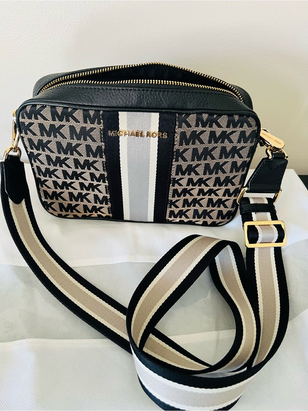 Michael Kors Black & Beige Signature MK Stripe Crossbody